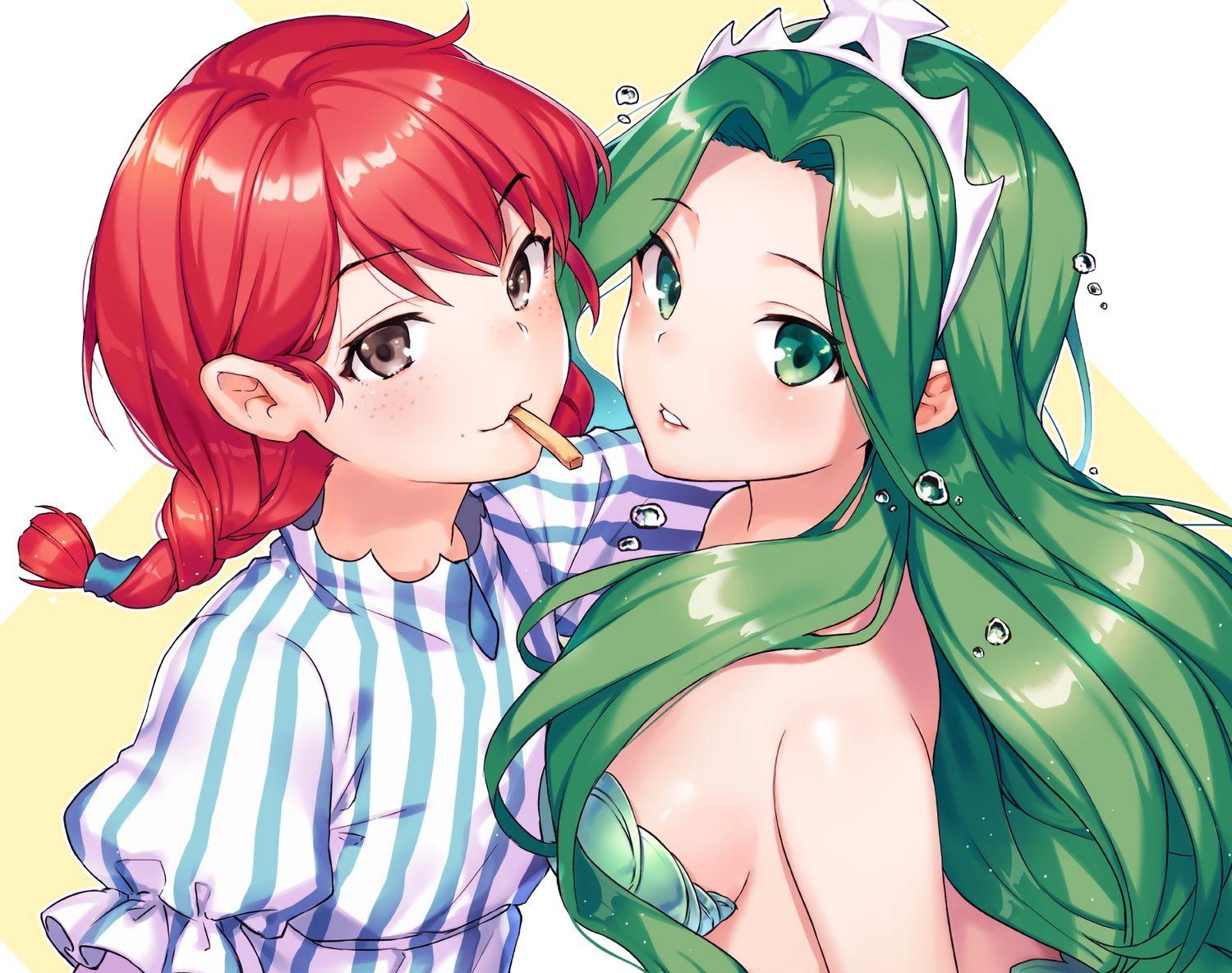 2girls anthropomorphism braids breasts brown eyes cropped green eyes