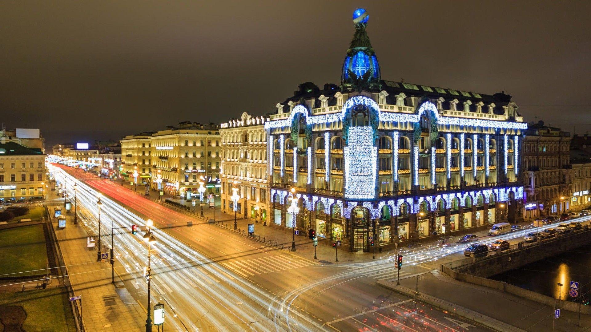 Street Lit Night St Petersburg Russia Lights Houses Buildings City