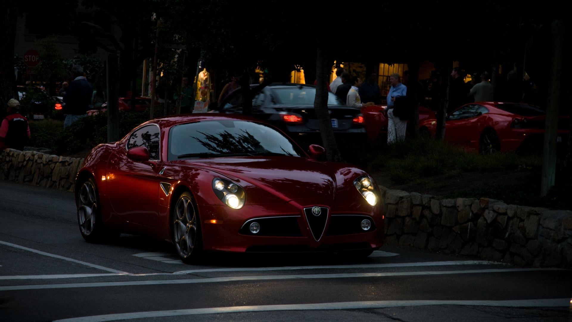 Alfa Romeo Cars : Alfa Romeo 8c Red Color In Night Headlights On 4k