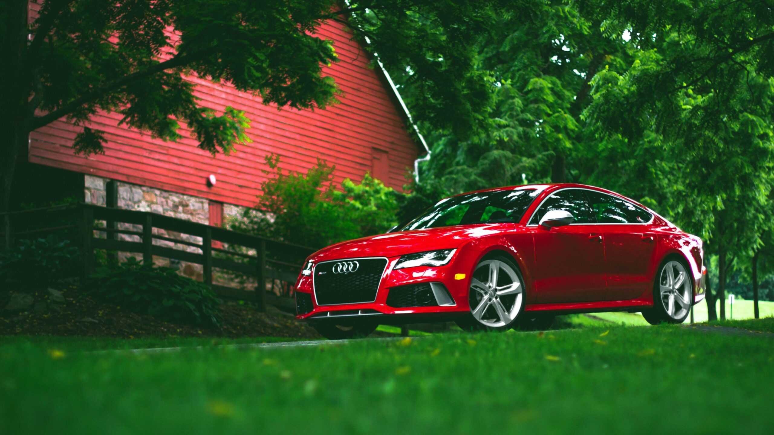 Download Wallpapers Audi, Rs7, Red, Grass, Side view 4K