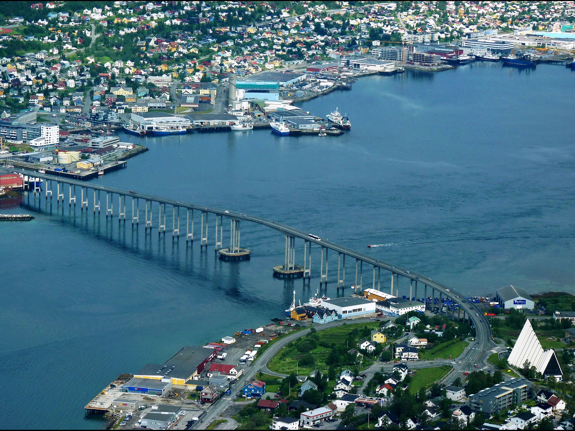 Wallpapers Tromso, Norway, city, top view, bridge, river HD