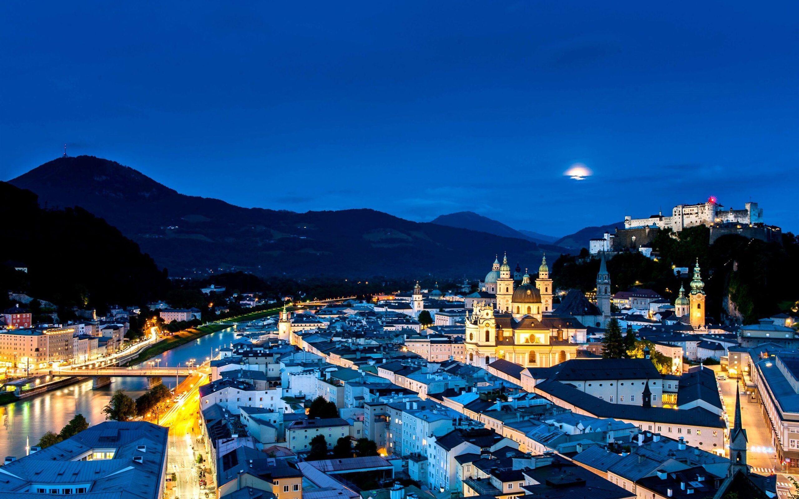 Austria, Salzburg, city night, street, houses, lights, mountains