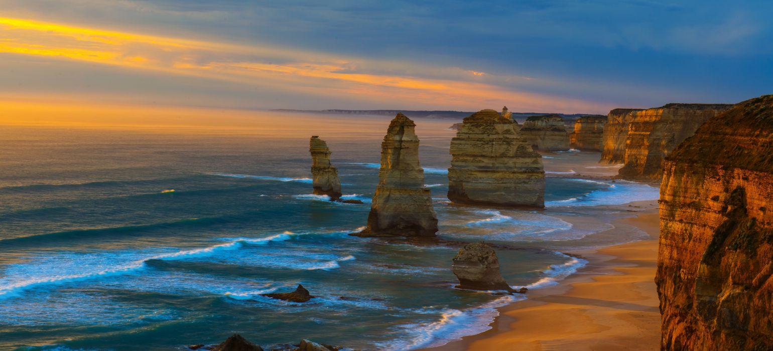 Sunset Coastline Ocean Sea Great Ocean Road Australia Victoria