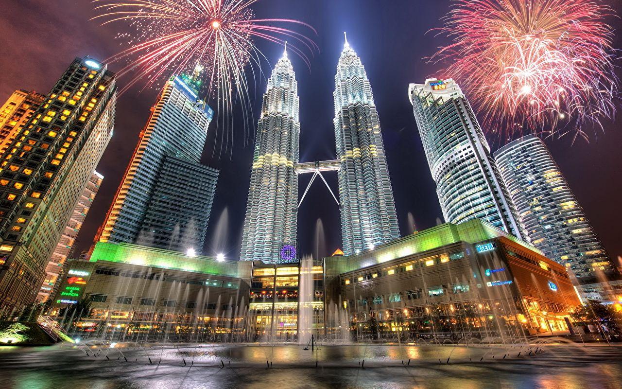 Image Kuala Lumpur Malaysia Fireworks Fountains HDRI Night