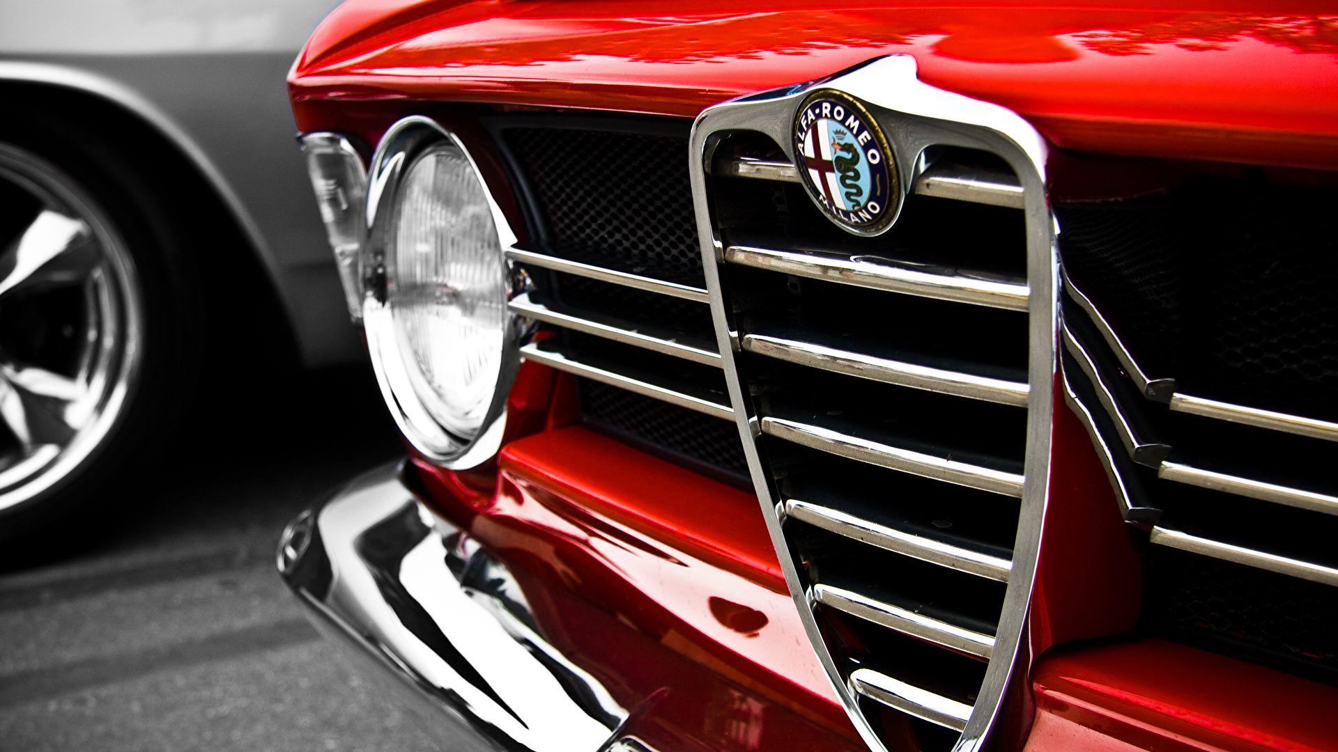 Photo Alfa Romeo Logo Emblem Red Cars Headlights Closeup