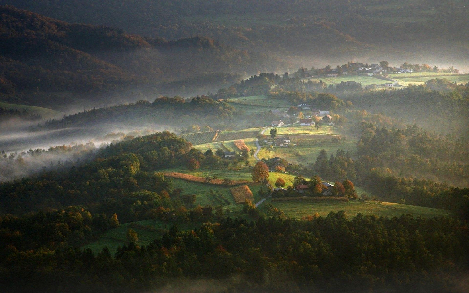 nature, Mist, Landscape, Fall, Sunrise, Villages, Forest, Morning