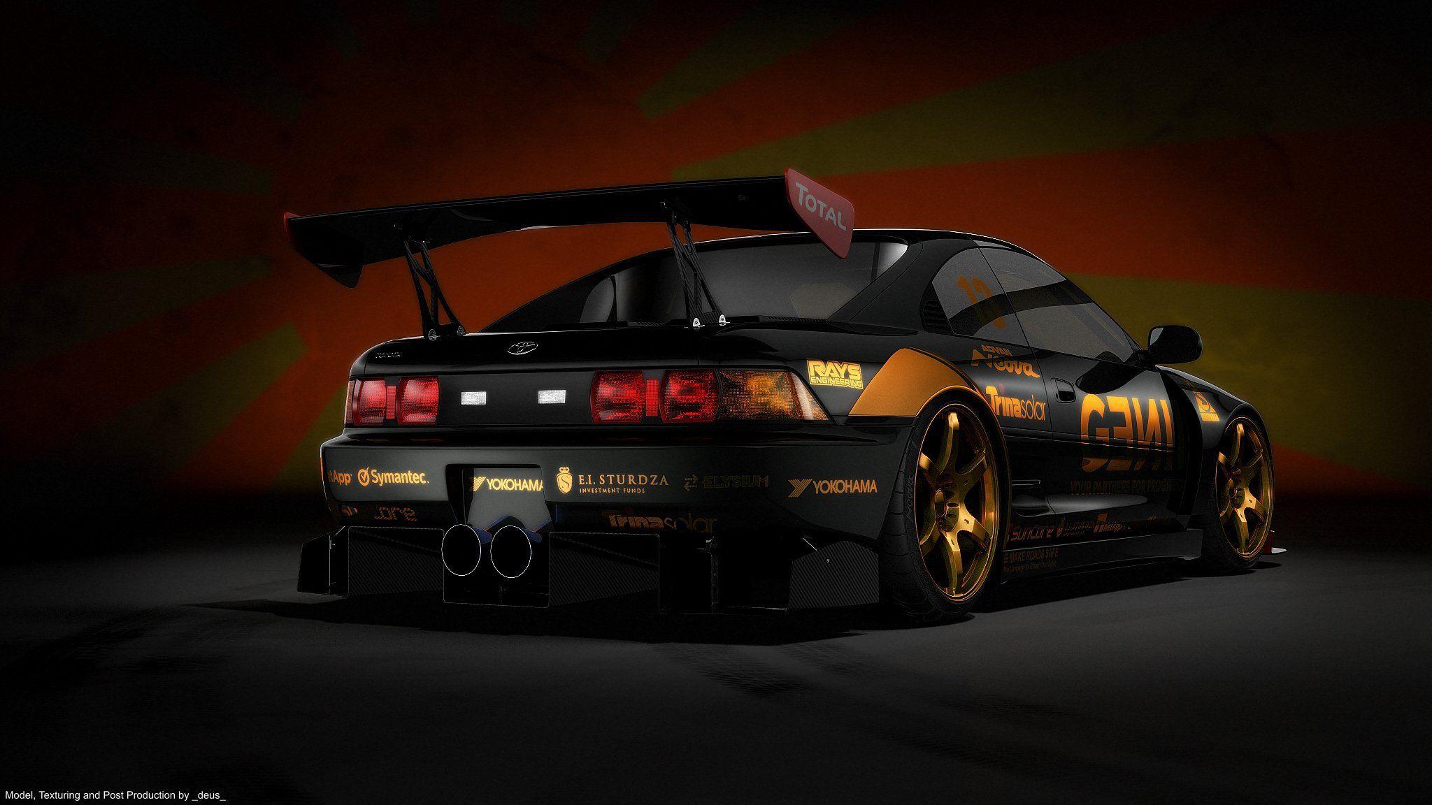 toyota mr2 black japanese flag render HD wallpapers