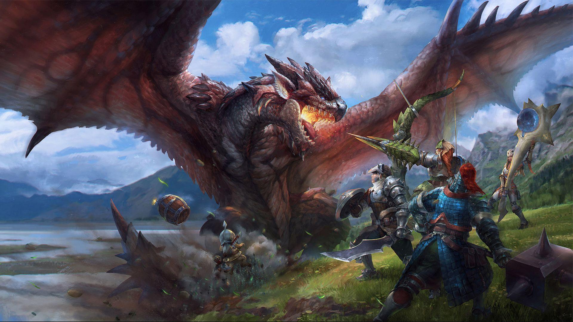 Group of hunters facing off against a dragon. Wallpapers from Monster