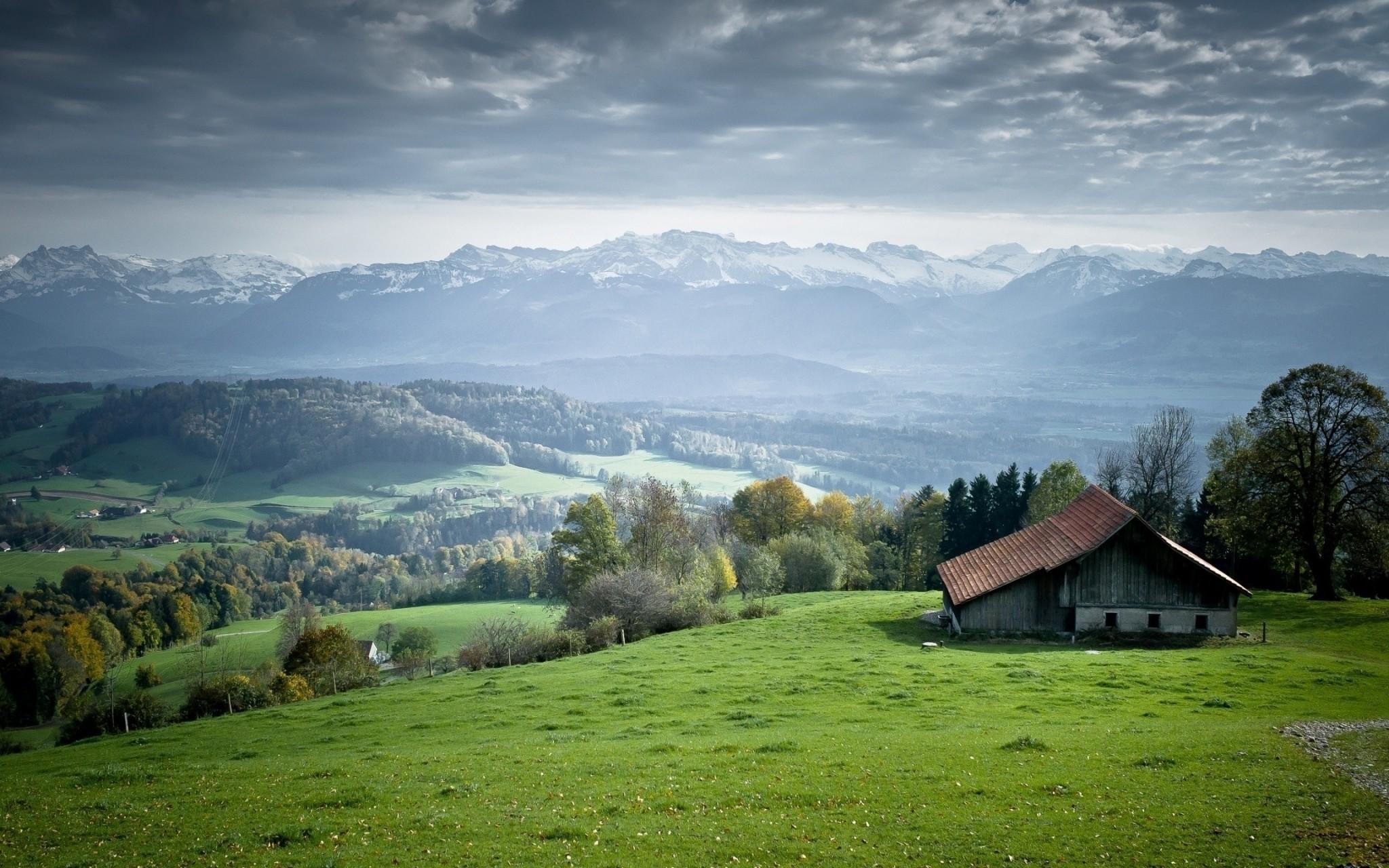 Download Mountain, Dark Clouds, Grass, Field