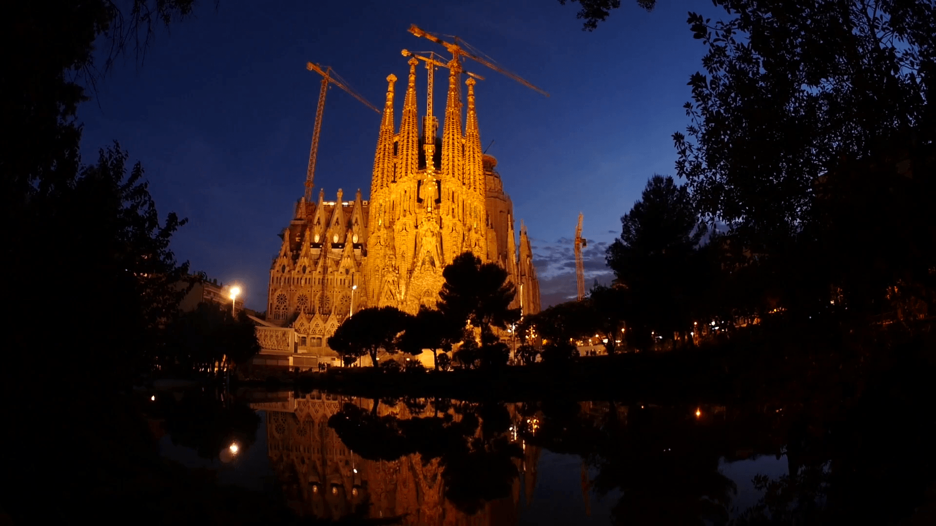 La Sagrada Familia Cathedral Barcelona at Night, Reflection in Water