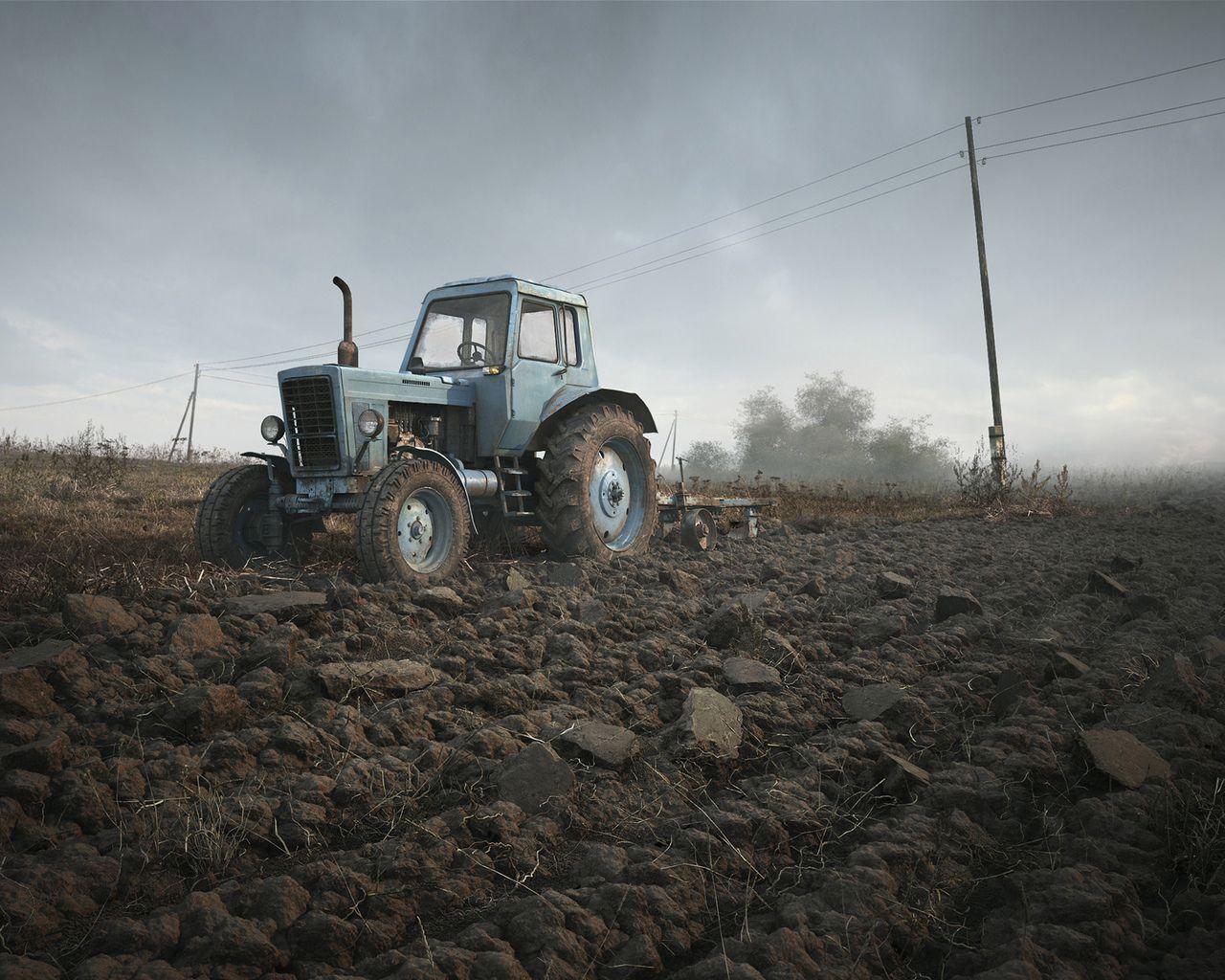 Download wallpapers field, belarus, tractor, the sky, 3d with