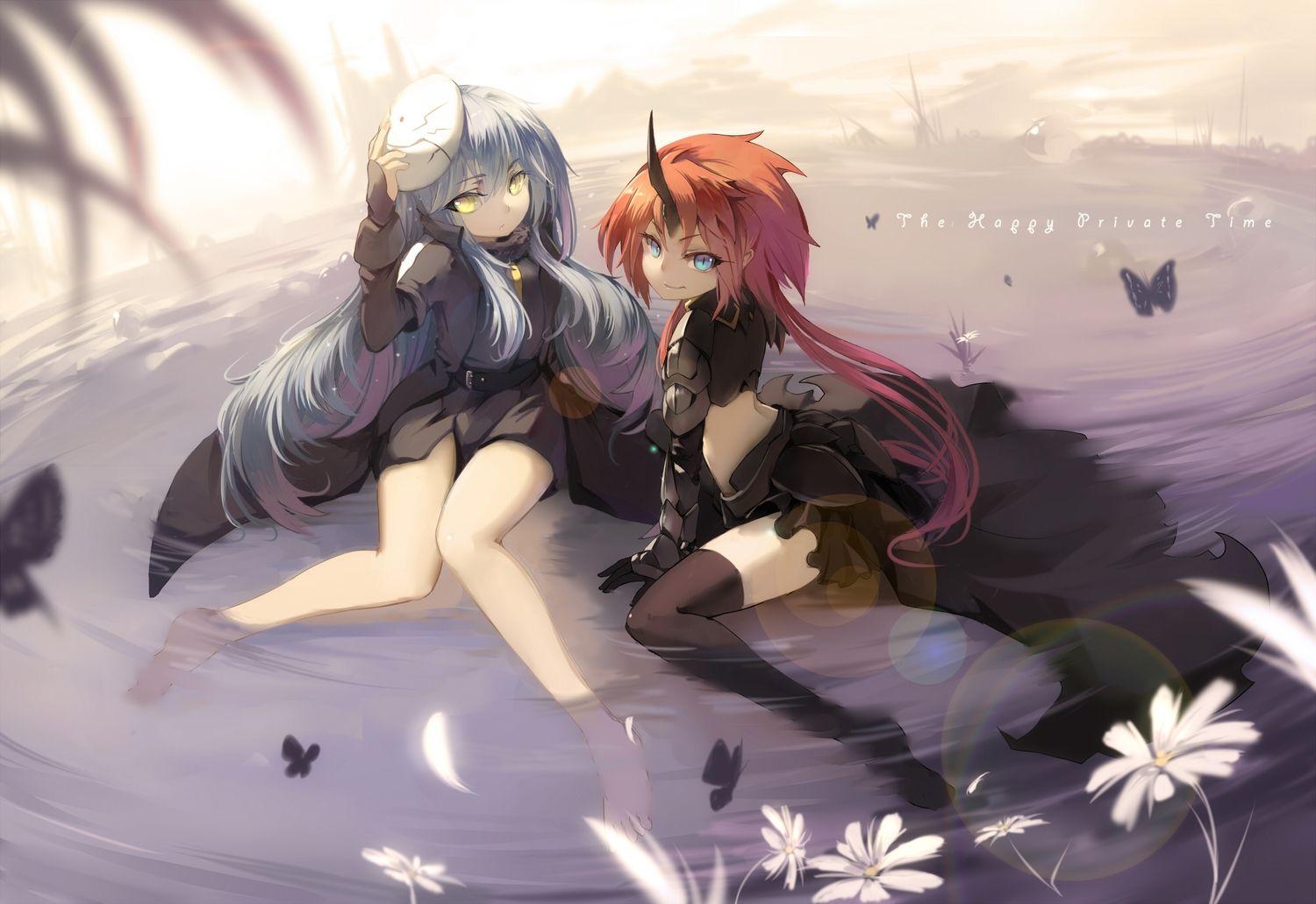 2girls aqua eyes flowers gray hair horns long hair mask milim nava