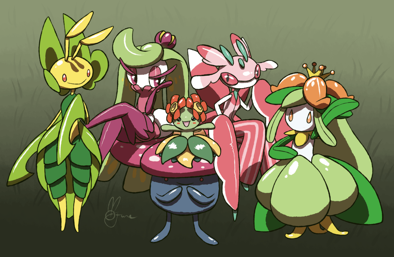 Leavanny, Tsareena, Vileplume, Bellossom, Lurantis, and Lilligant