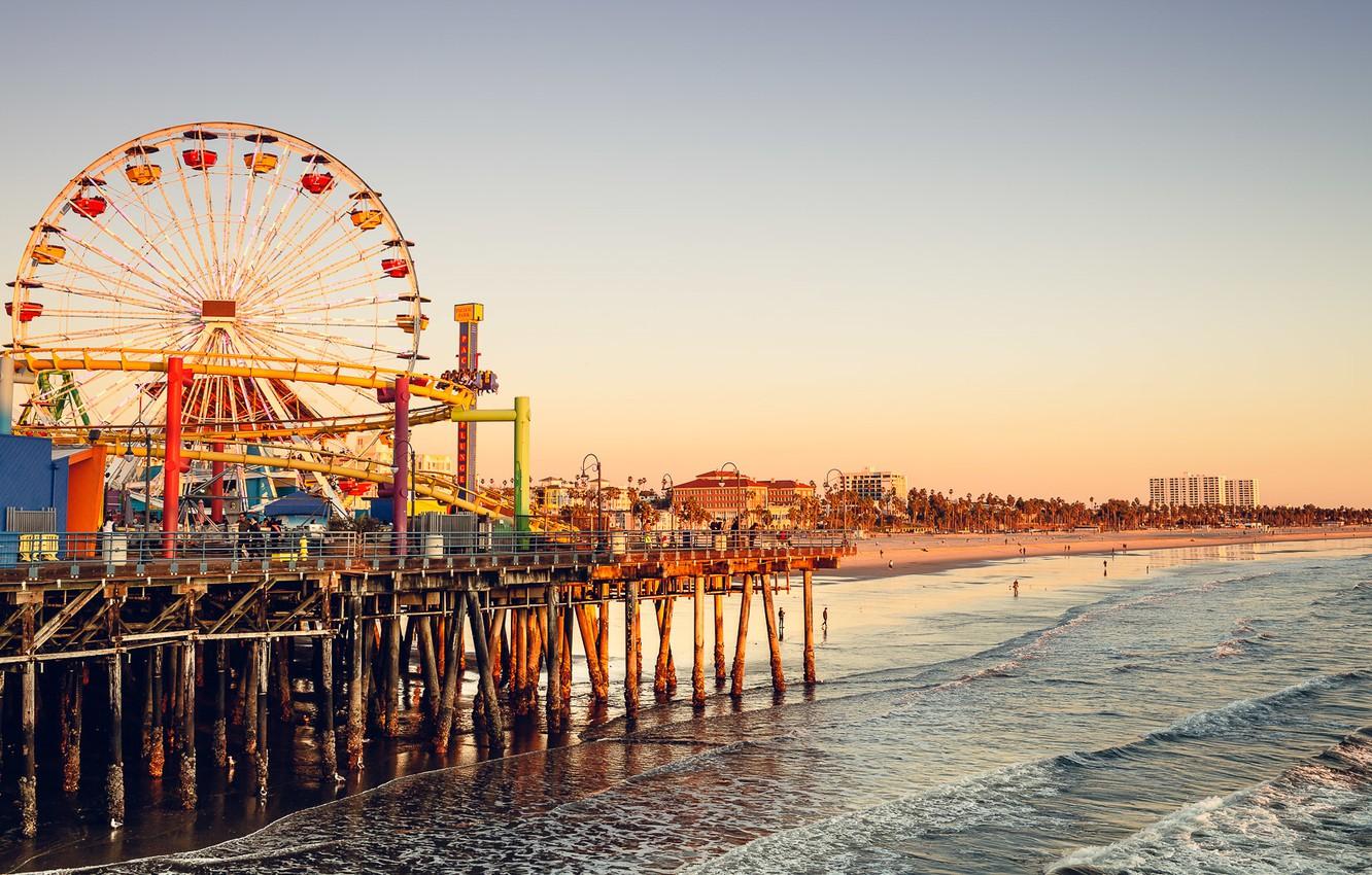 Wallpapers wave, beach, the sky, sunset, people, CA, Ferris wheel