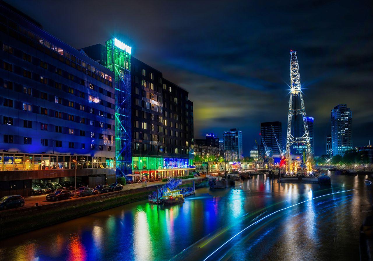 Wallpapers Rotterdam Netherlands Pier Rivers night time Cities