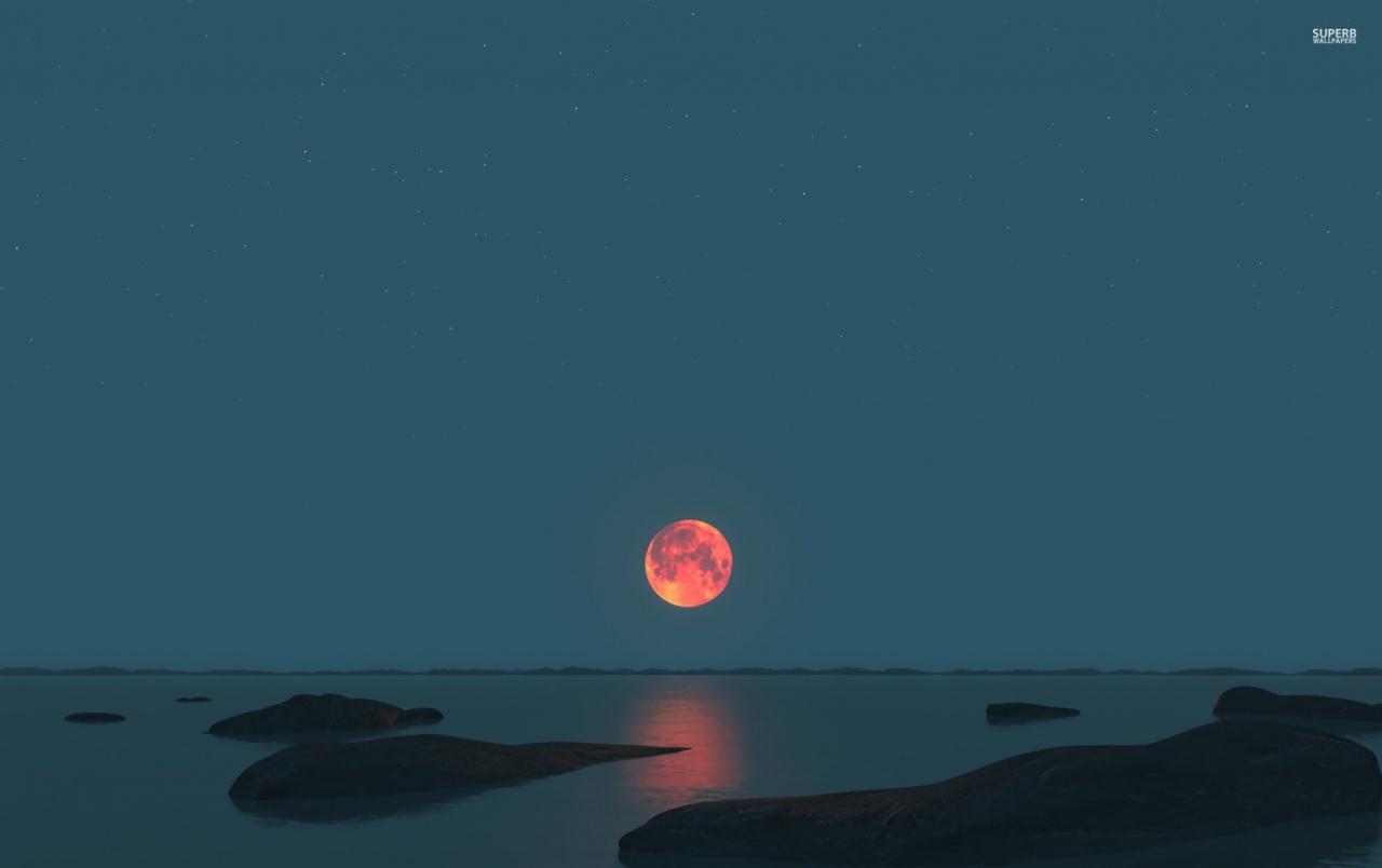 Red Moon Ocean Black Rocks wallpapers