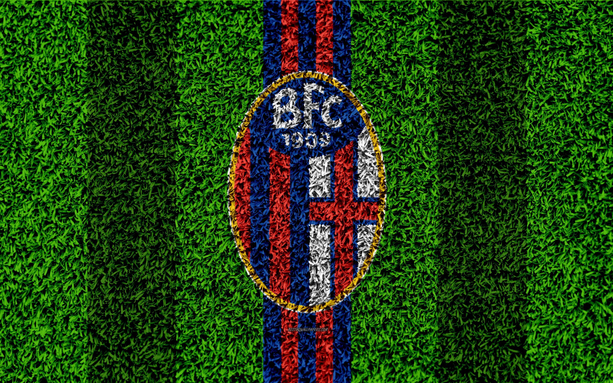 Download wallpapers Bologna FC, 4k, logo, football lawn, Italian