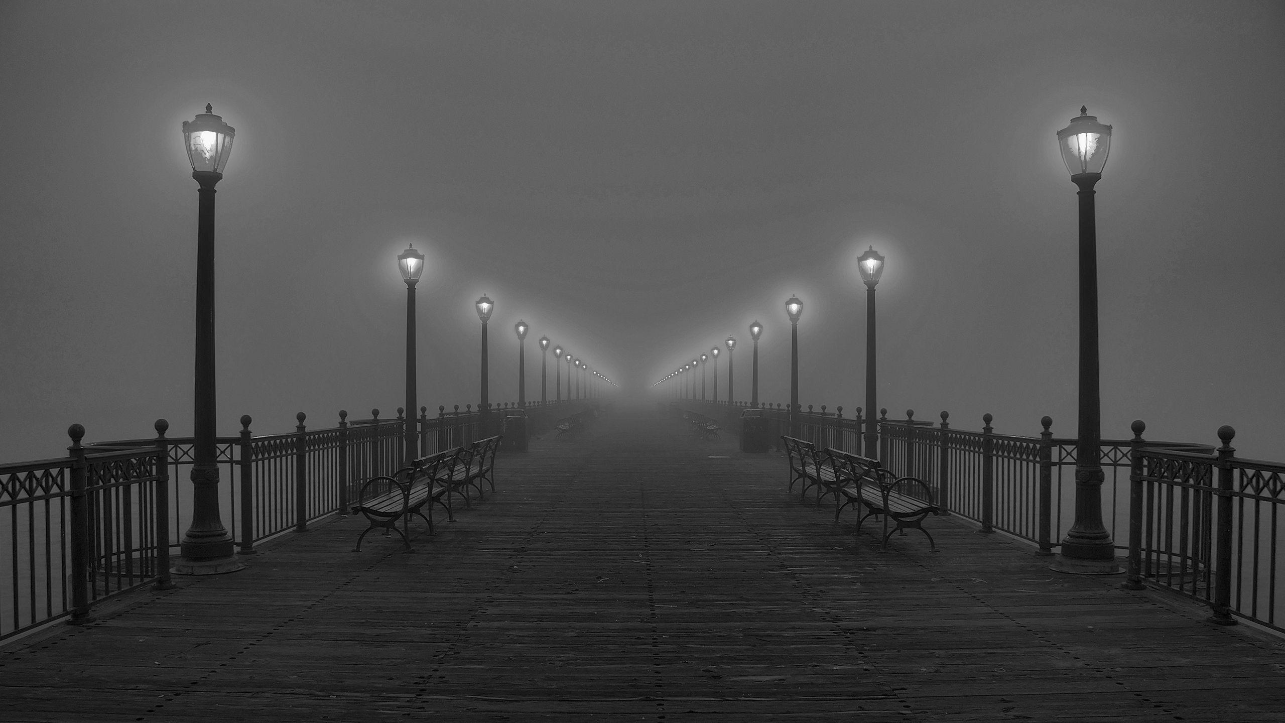 Black And Wallpapers Black, And, White, Fog, Pier, Lamps