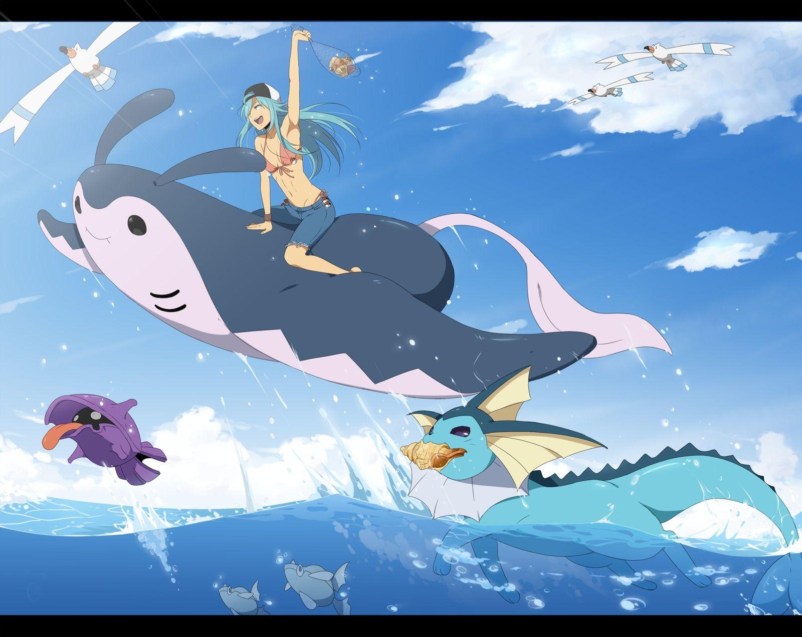 Pokemon aqua hair bikini blue hair bra clouds hat mantine pokemon