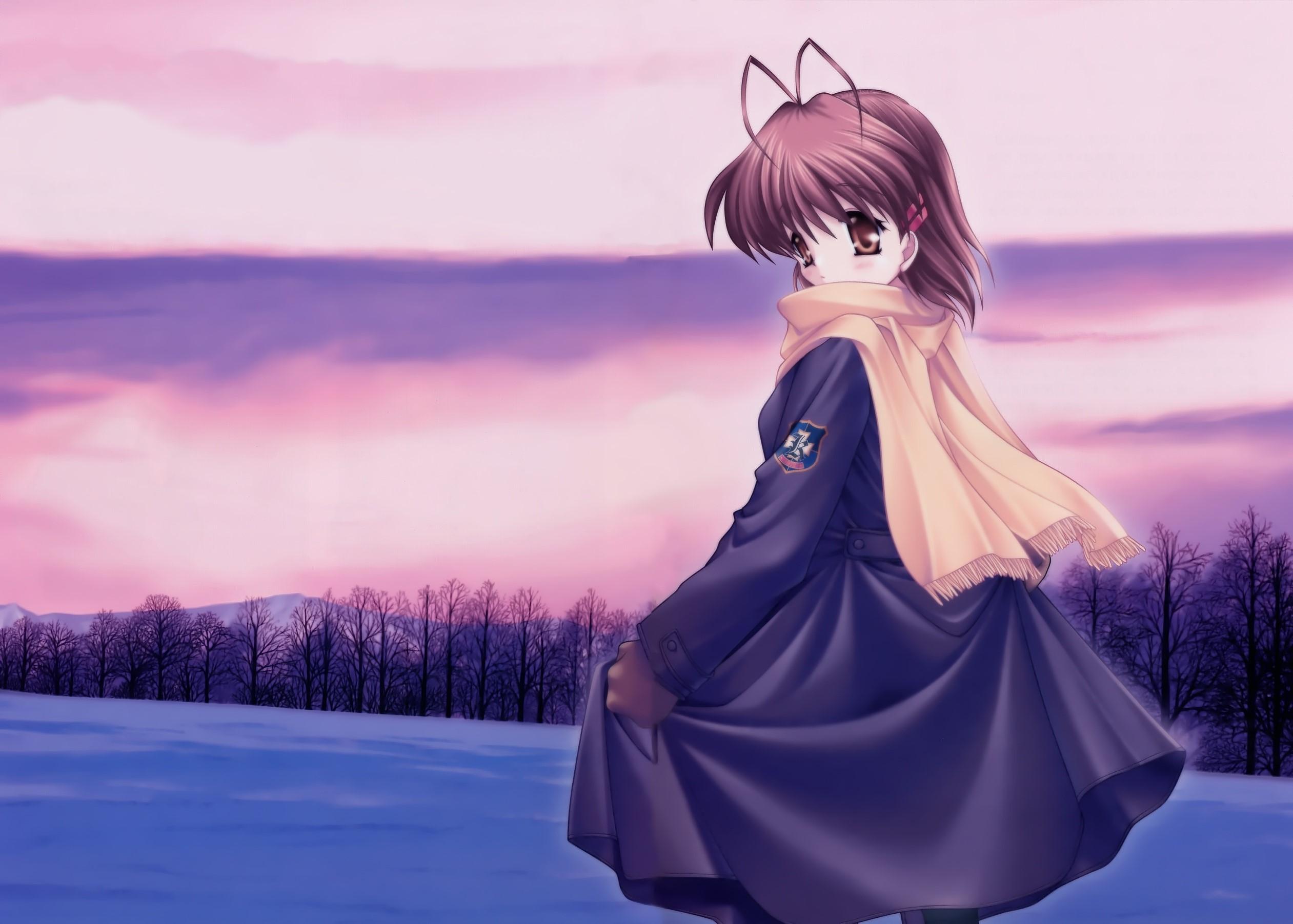 Clannad, Furukawa nagisa, Girl, Scarf, Winter, Snow, Sunset