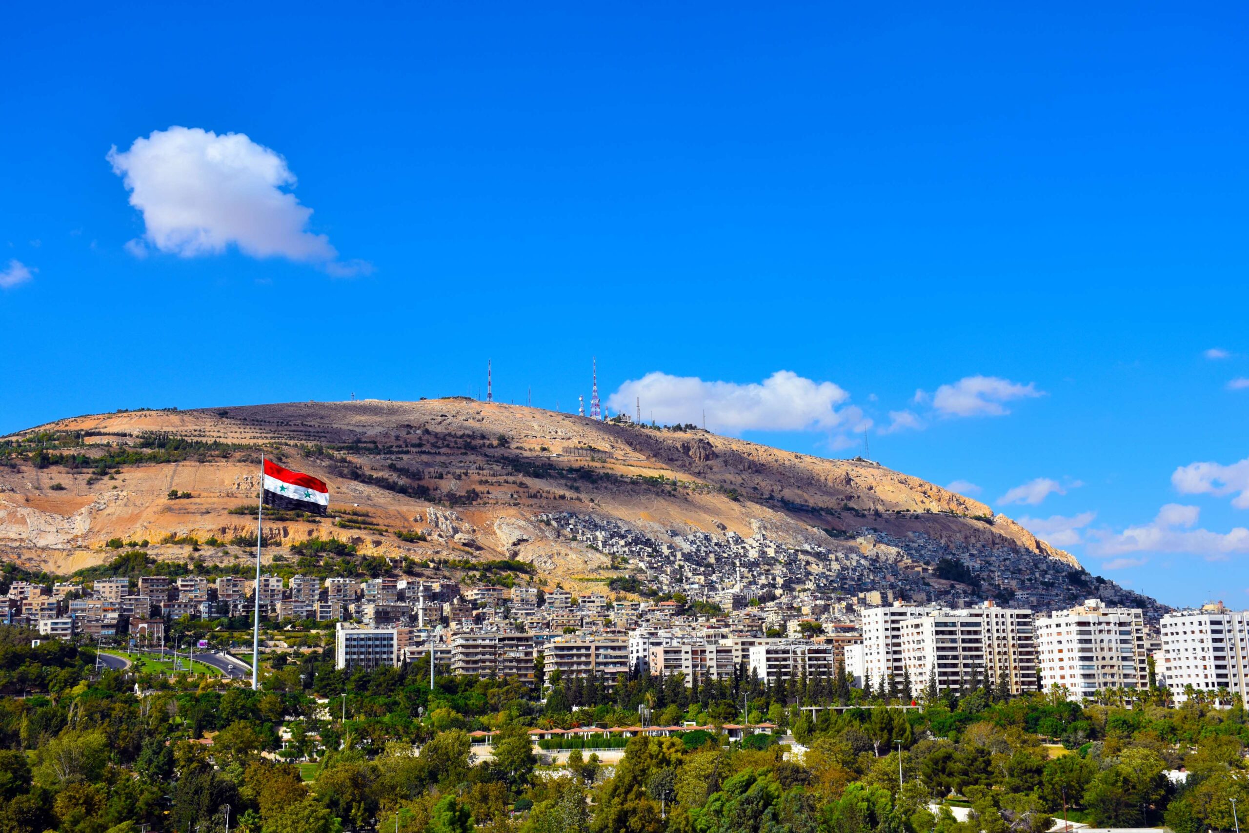 2016, damascus, flag, garden, green, mount, qassioun, september