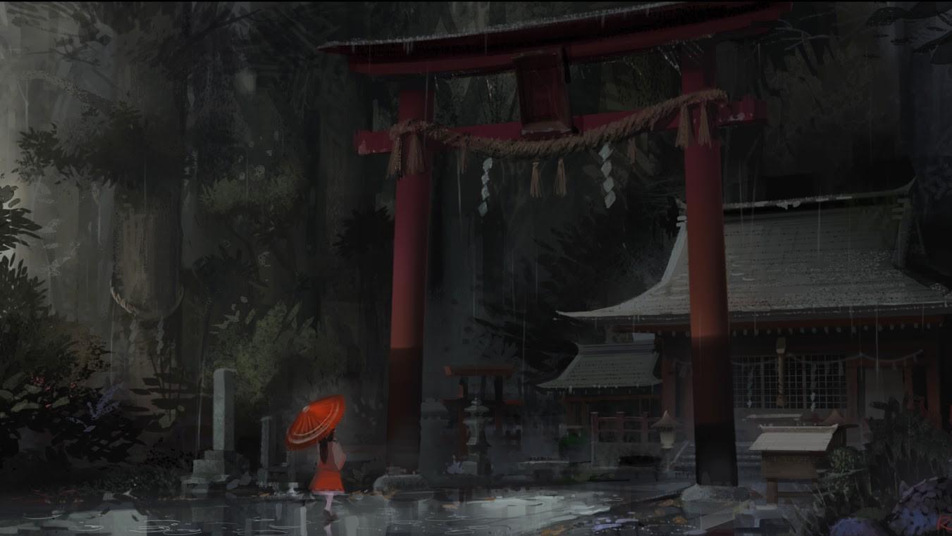 Japan, Touhou, rain, storm, shrine, umbrellas, torii gate :: Wallpapers