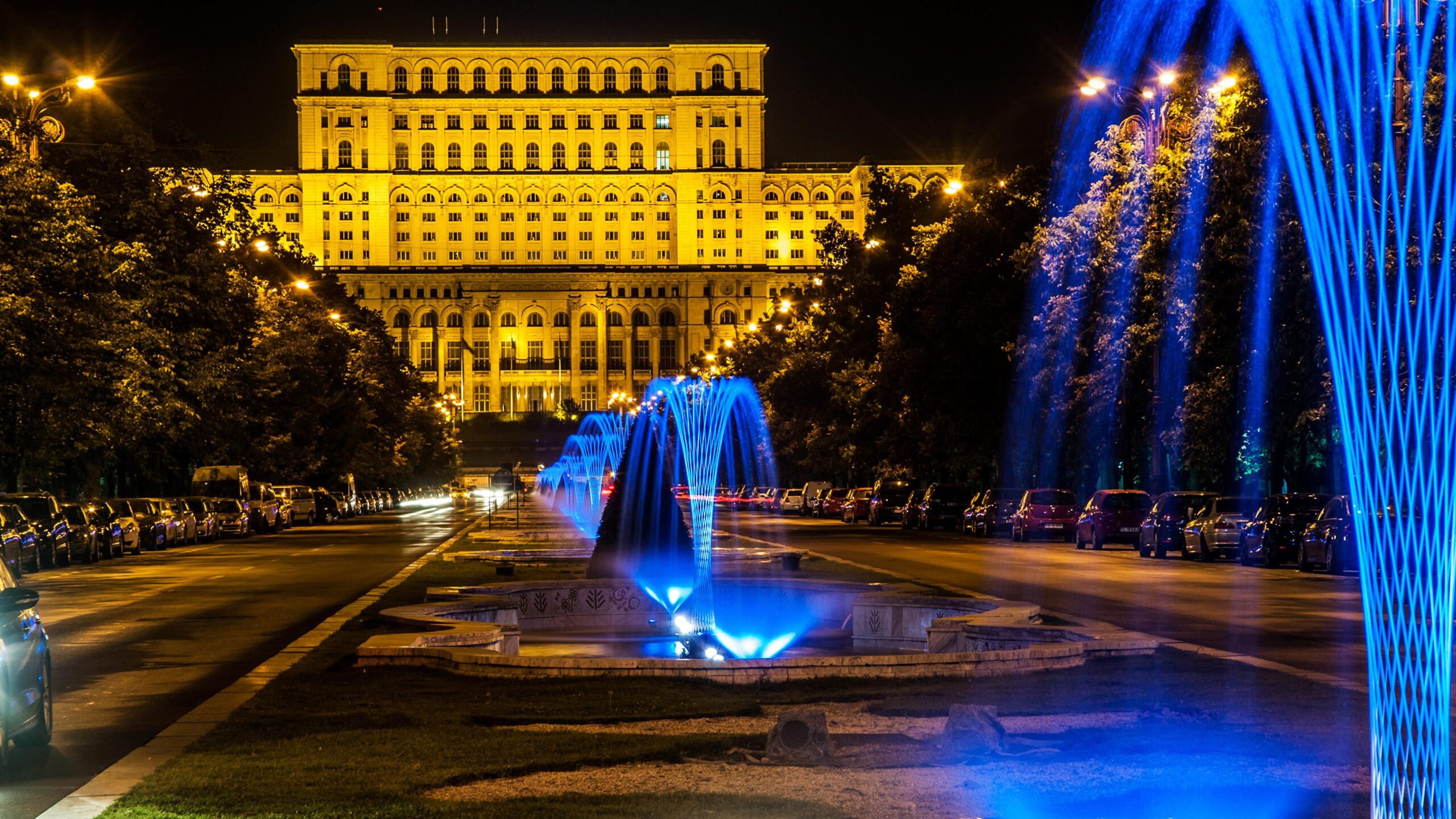 Image Romania Fountains Bucharest night time Cities Houses