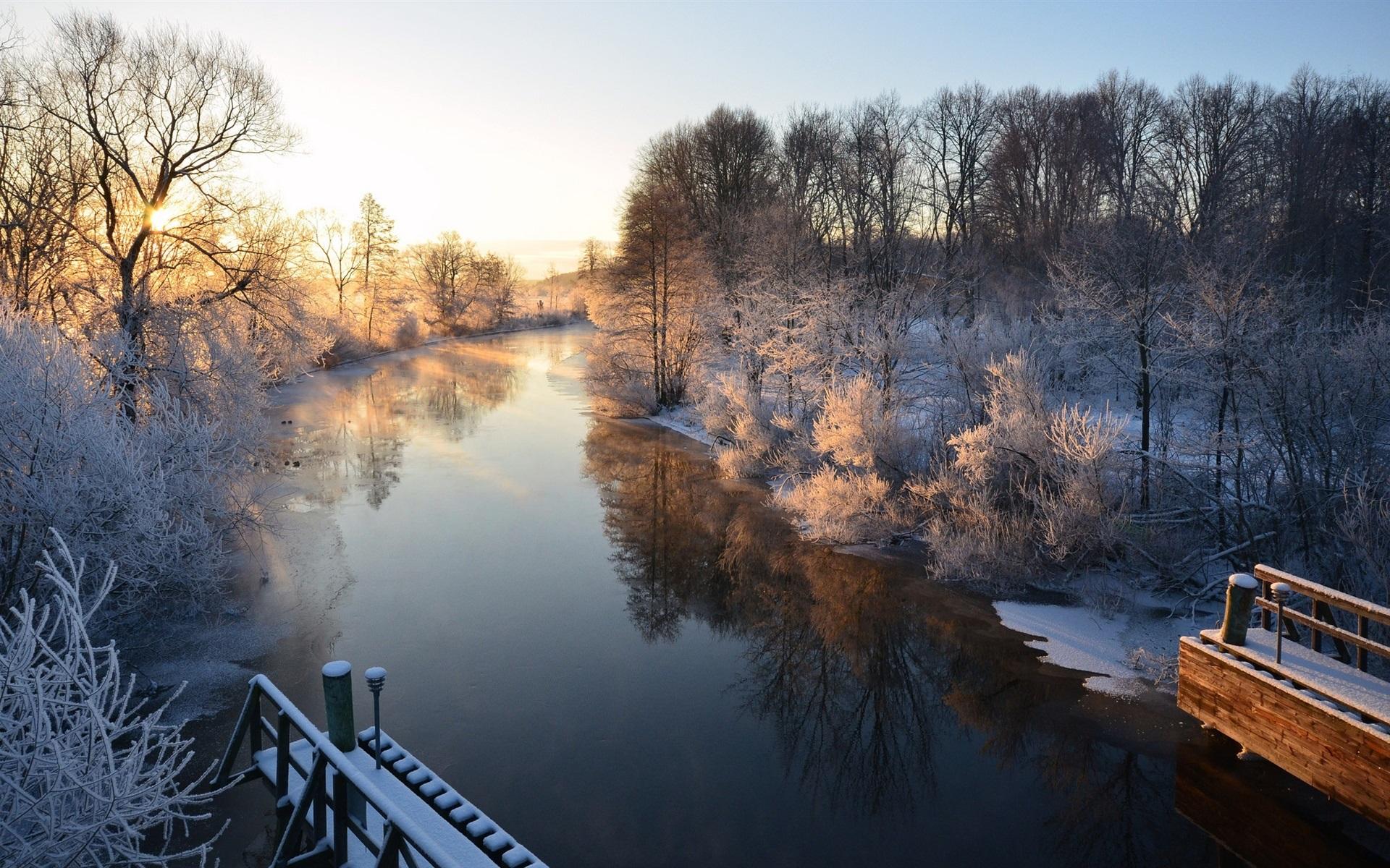 Winter, river, boats, snow, houses, Uppsala, Sweden wallpapers