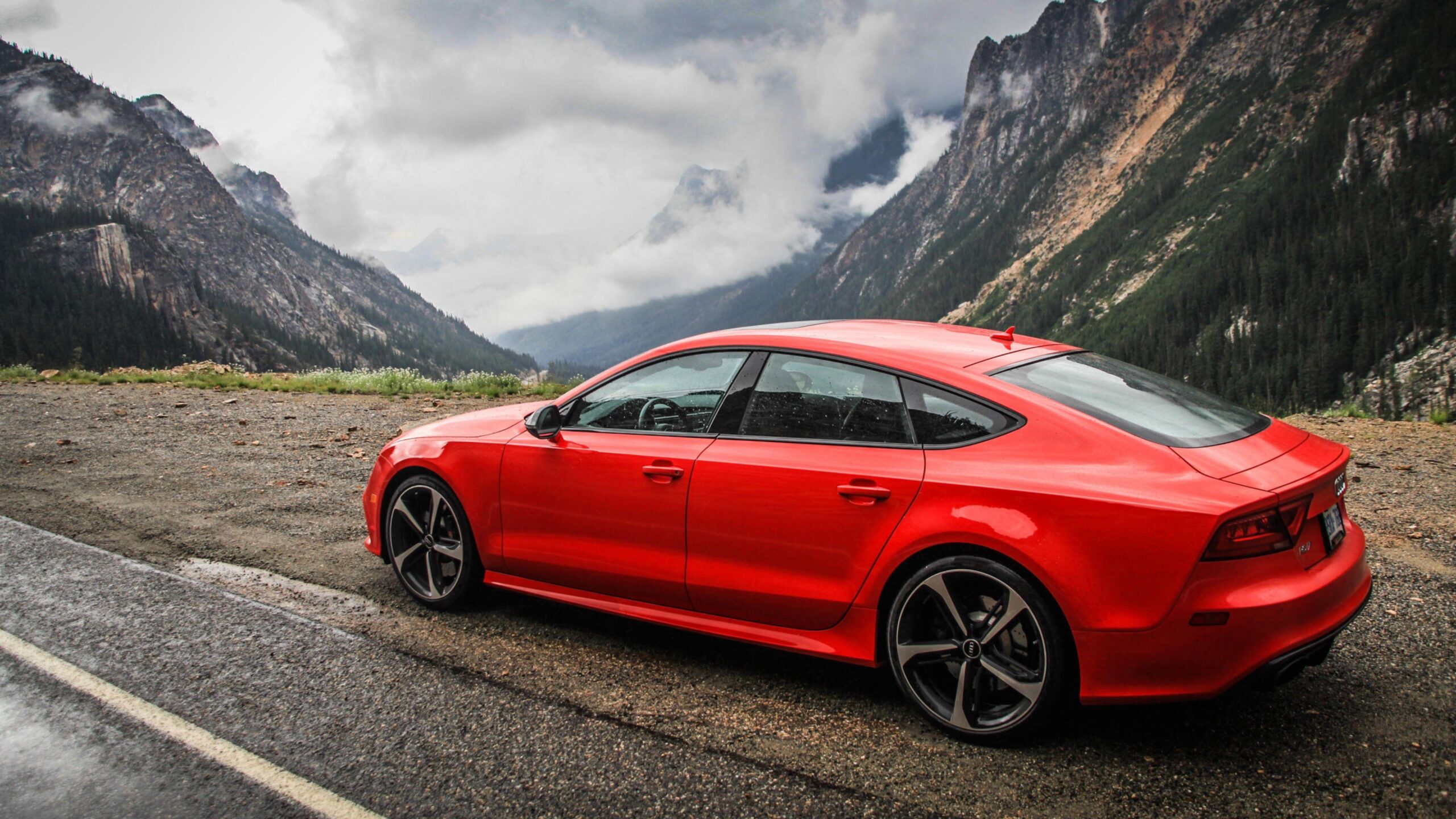 Download Wallpapers Audi, Rs7, Red, Side view, Mountain