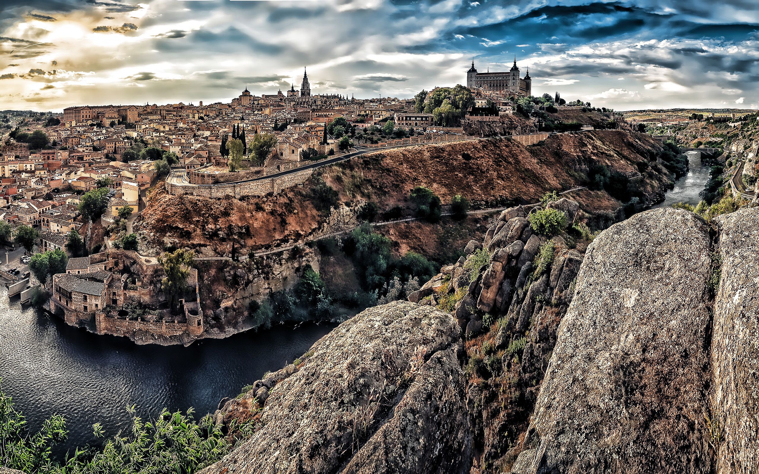 Download wallpapers Toledo, HDR, sunset, river, Toledo Castle, Spain