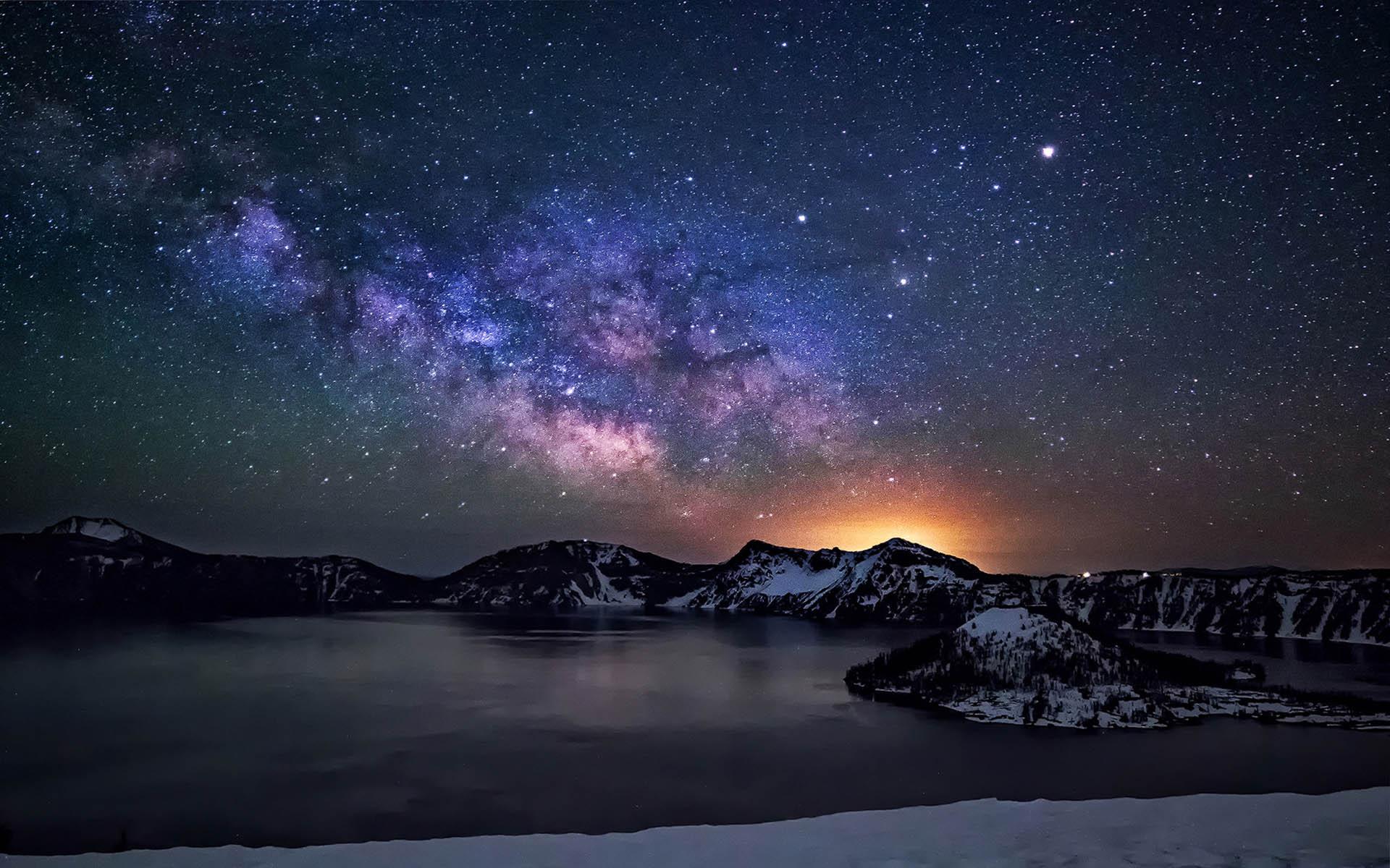 Crater Lake Night Sky With Star Milkyway Desktop Wallpapers Hd