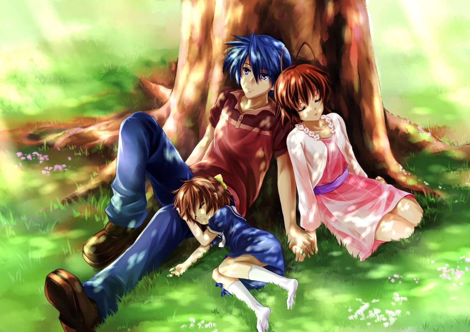 blue eyes blue hair bow brown hair clannad furukawa nagisa grass