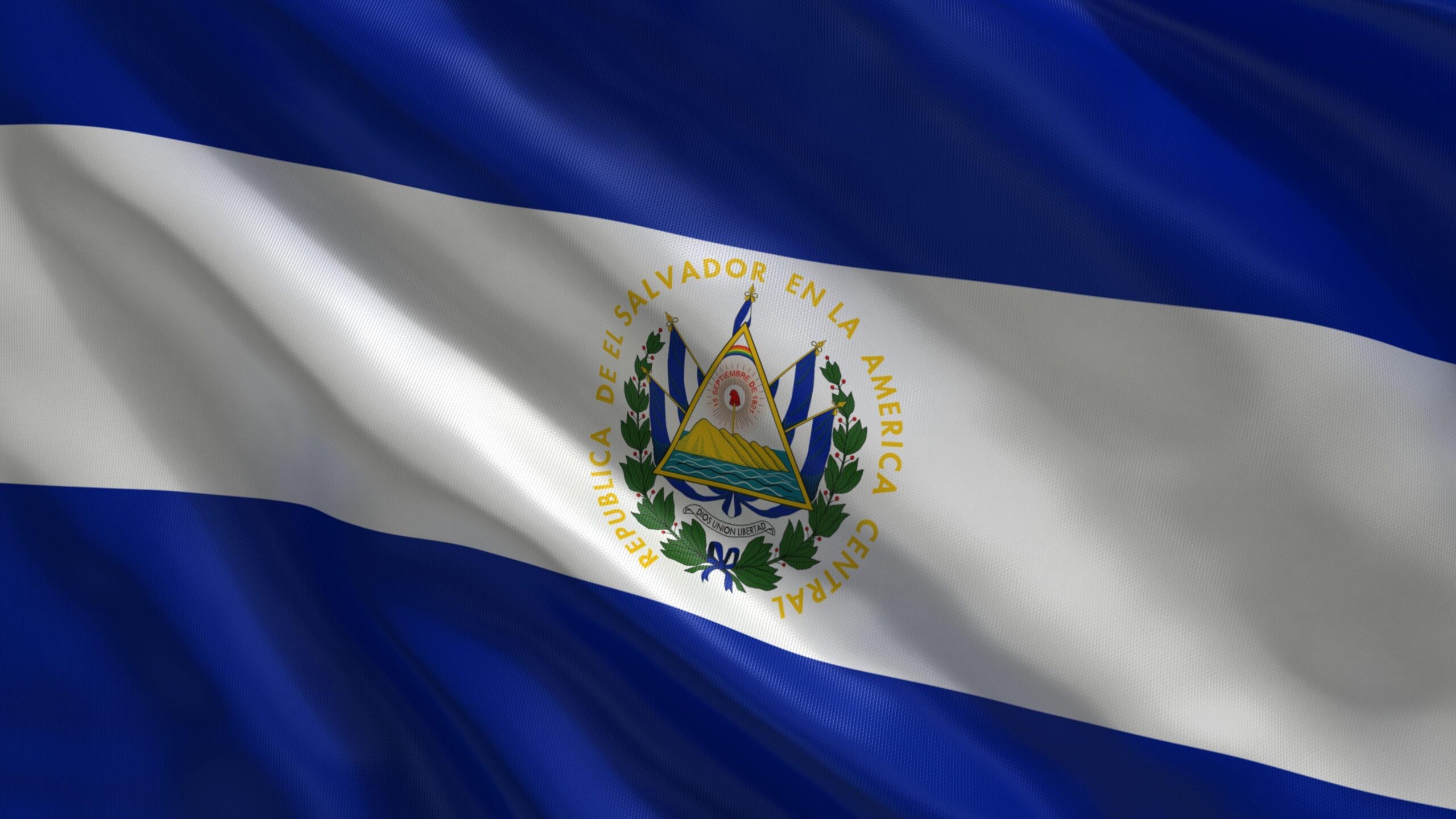 This is the national flag of El Salvador. It has two colors, blue