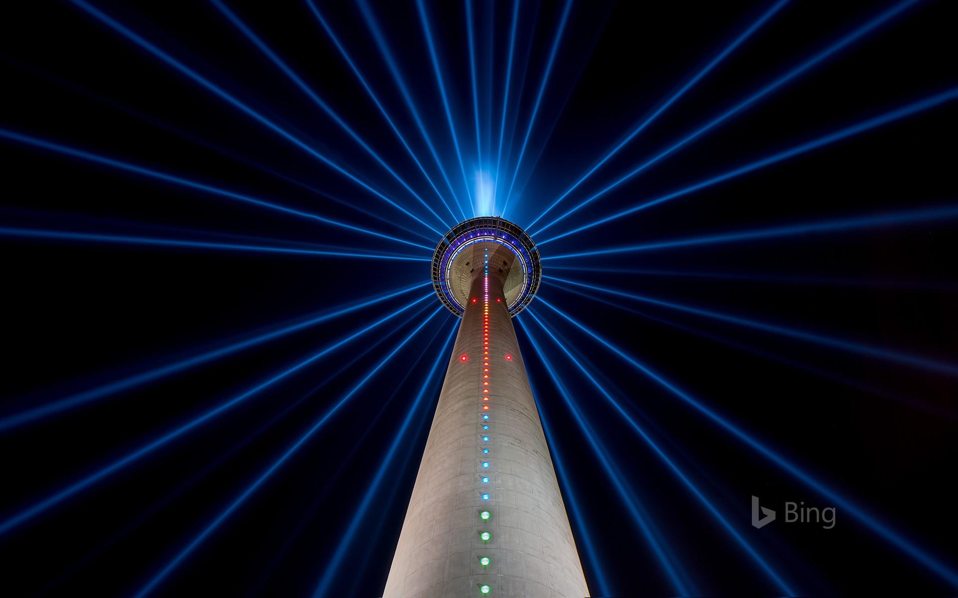 The Rheinturm at night in Düsseldorf, Germany