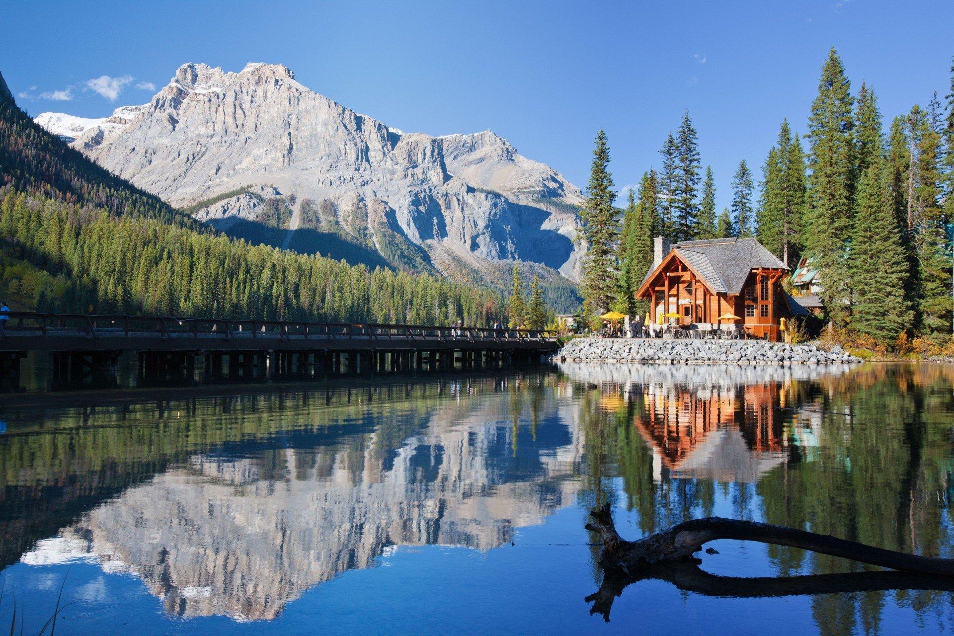 canadian rockies reflection lake bridge canada mountain british