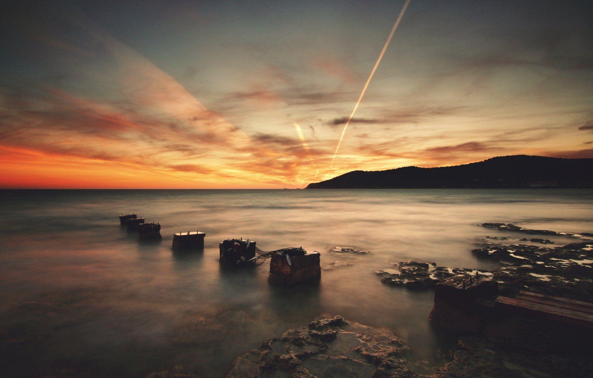 ibiza beach water stones night rays HD wallpapers