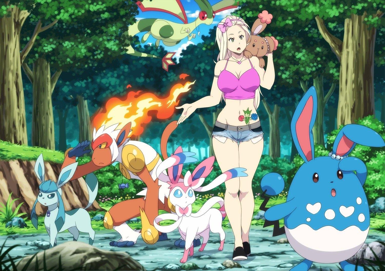 pokemon, green eyes, Flygon, anime, shorts, anime girls, Azumarill