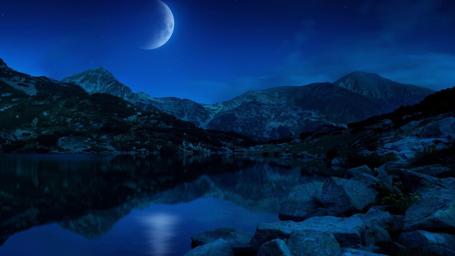 Night Half Moon Mountains Lake Bulgaria Wallpapers in format for