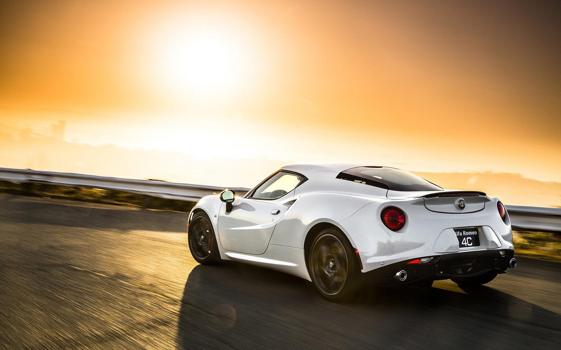 White Alfa Romeo 4C in the sunset HD desktop wallpapers