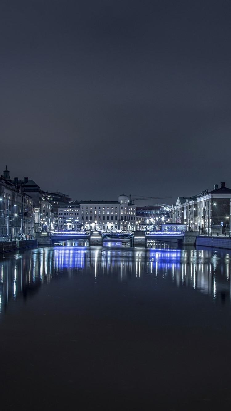 Sweden, Gothenburg, night, river, buildings, illumination