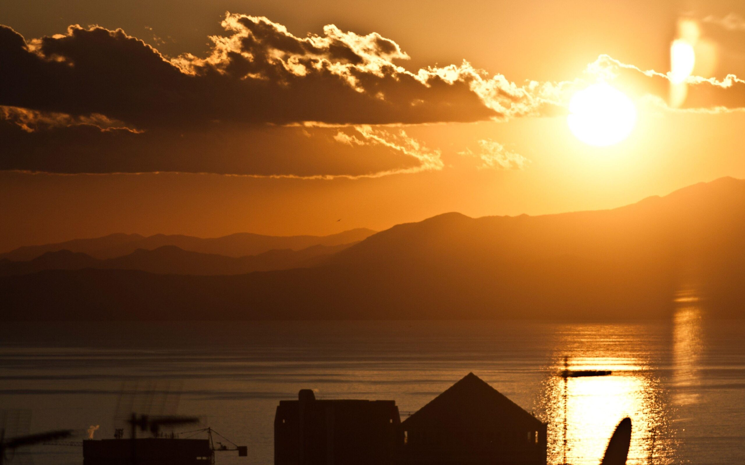 Sunset: Buildings Genoa Golden Mountains Lake Bird Nature Sunset