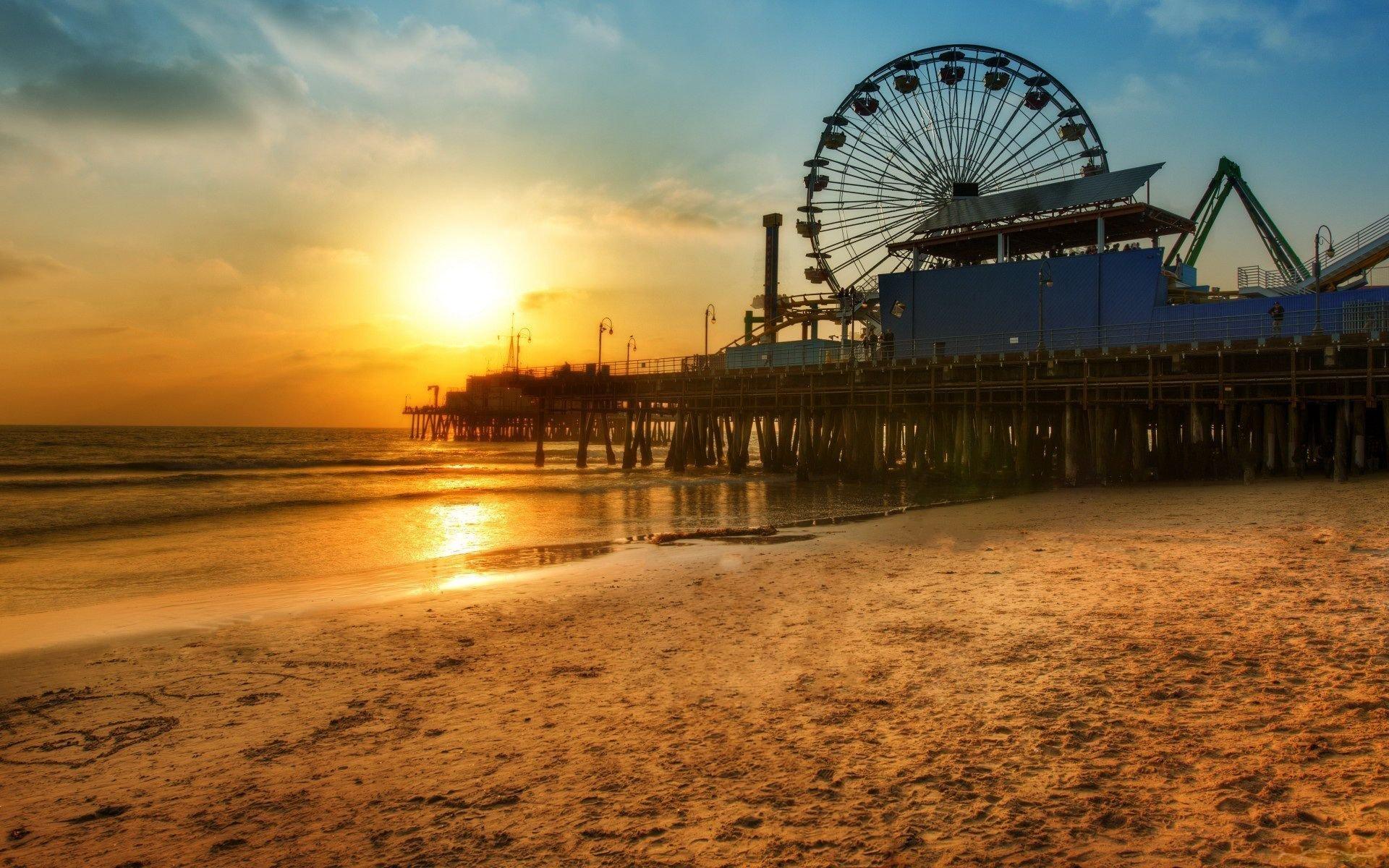 beach pier wheel ferris sunset santa monica los angeles HD wallpapers