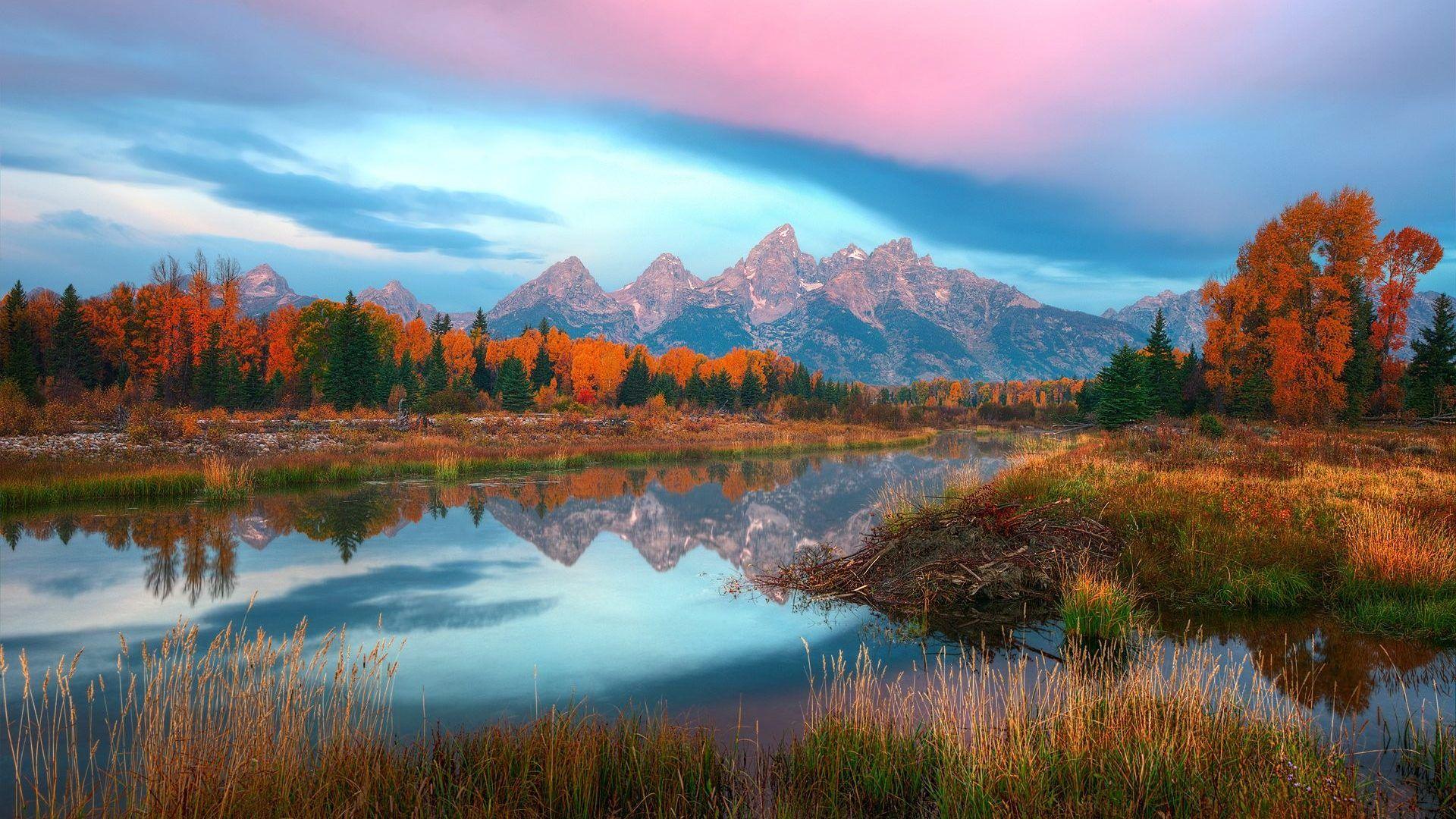 Lakes: Reflection Lake Autumn River Usa Mountain Wyoming Nature Hd