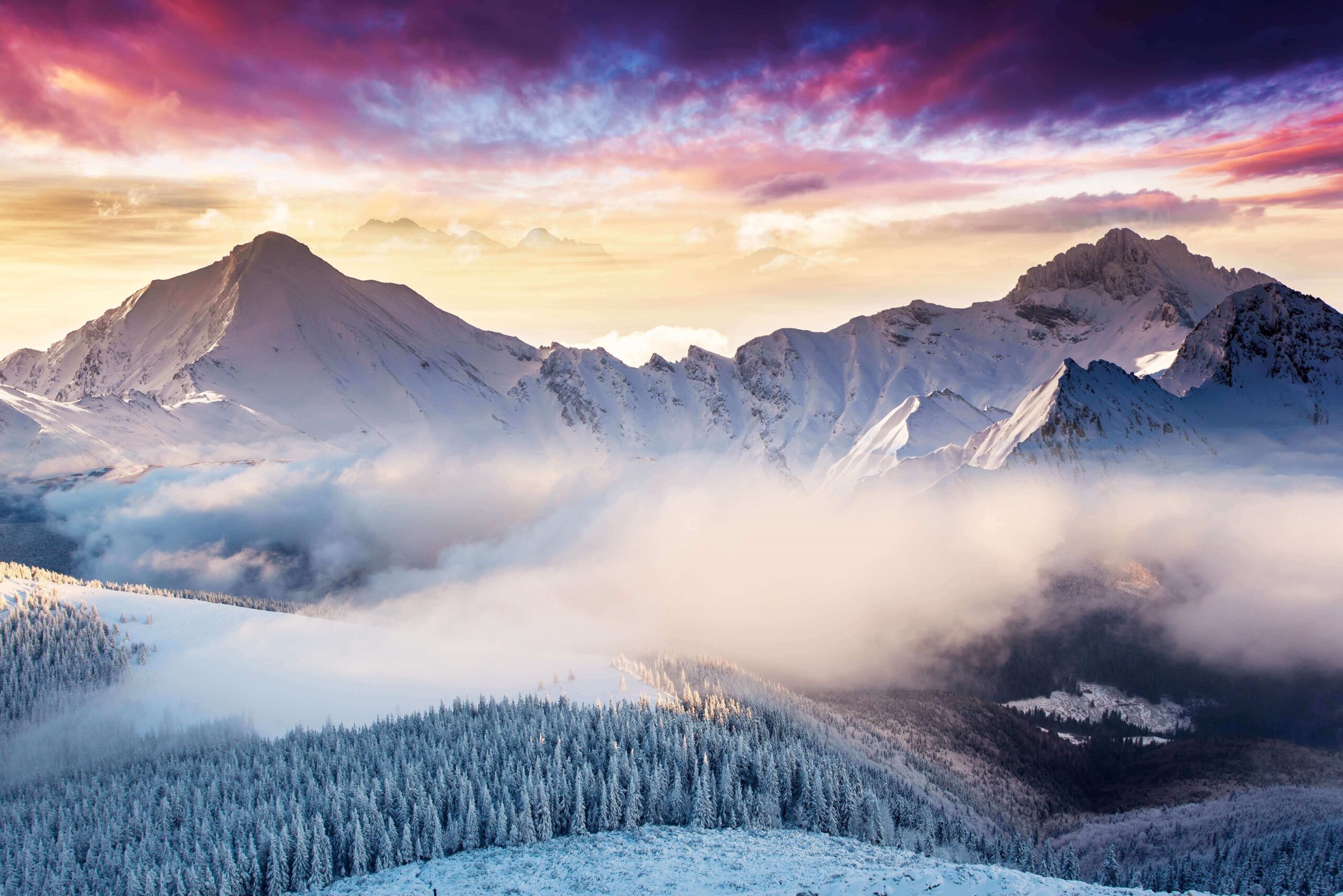 Wallpapers Landscape, Mountains, Winter, Forest, Clouds, Microsoft