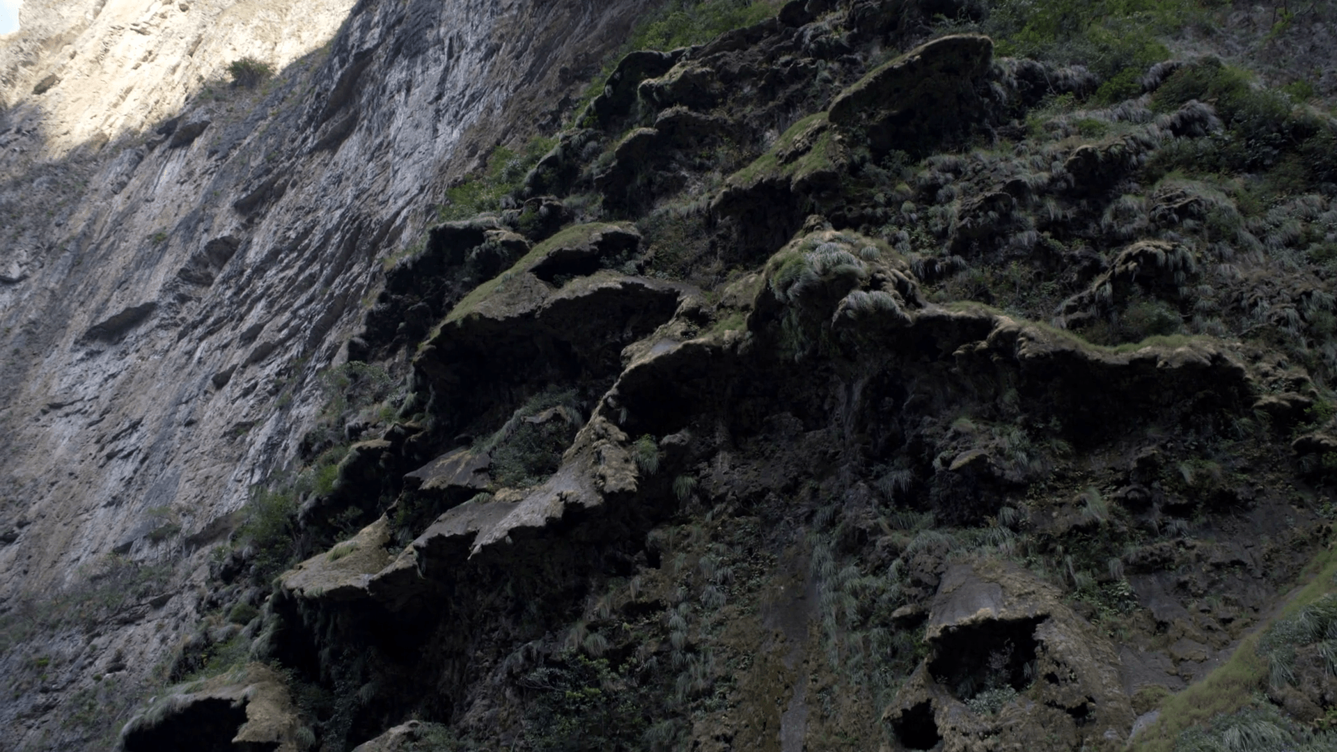 driving on boat, view canyon wall with natural cascade form, tour in