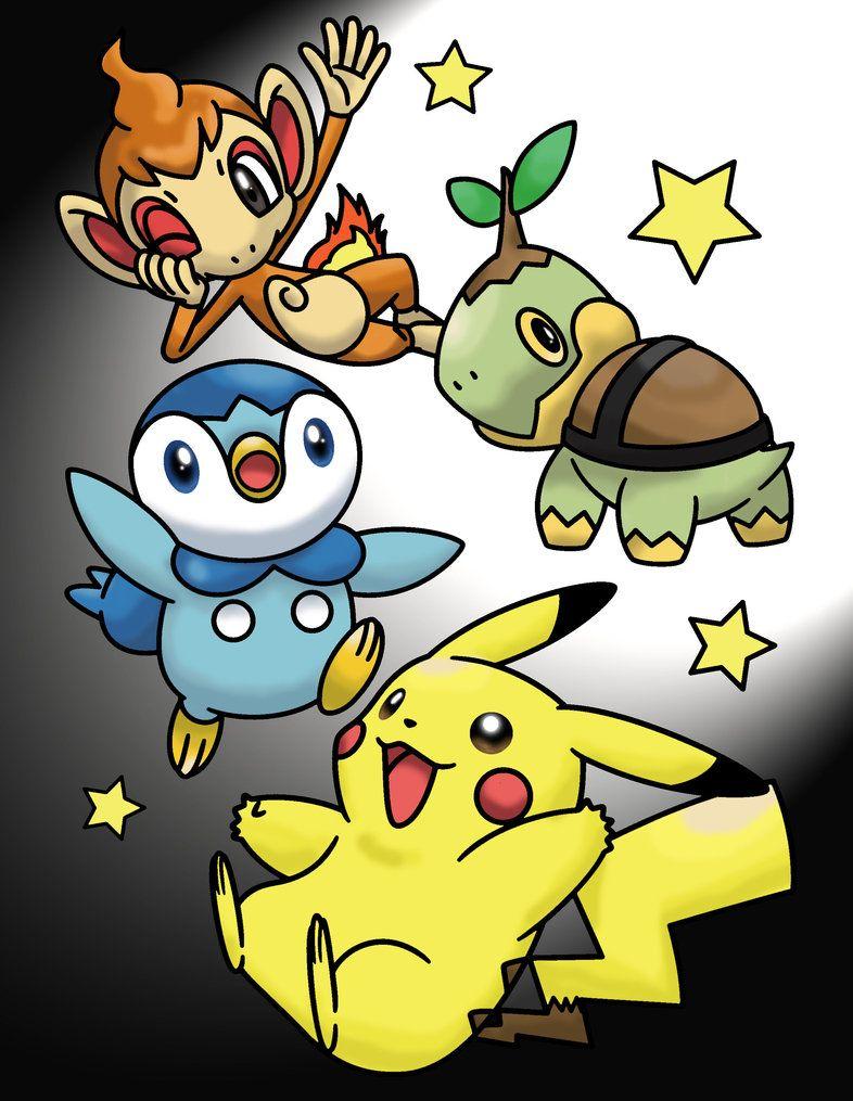 Pikachu, Turtwig, Chimchar, and Piplup Color Page by MihaelLawliet